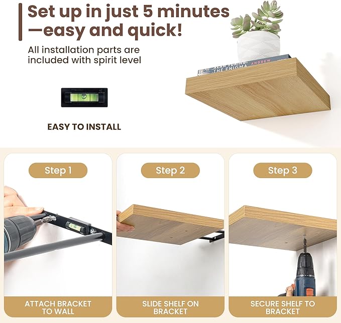 Fun Memories Square Floating Shelves for Wall - 12 Inch Deep Floating Shelves with Invisible Brackets, Oak Small Wall Shelf f