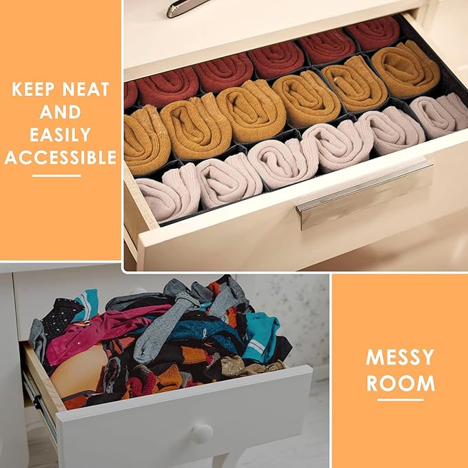 Criusia 3 Pack Sock Underwear Organizer Dividers, 64 Cell Fabric Foldable Cabinet Closet Organizers and Storage Boxes for Sto