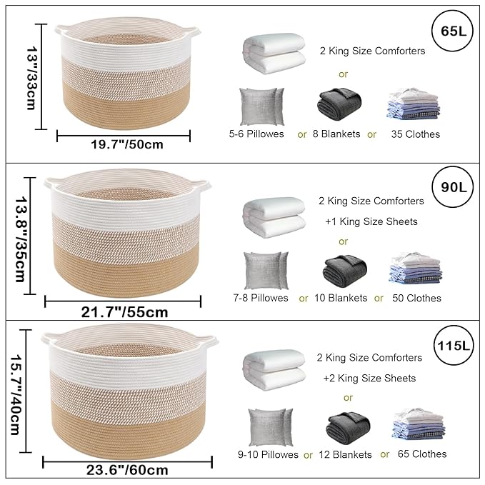 65L Large Blanket Basket, 19.7" L x 19.7" W x 13" H Cotton Rope Woven Storage Basket,Laundry Hamper for Toys, Clothes, Pillow
