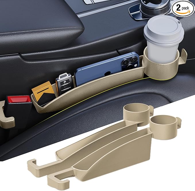 Car Seat Gap Filler Set of 2, Upgraded Car Side Seat Gap Fillers with Organizer, Cup Holder & Hook Function, Inserts Between Front Seats Console Catcher 4in1 Gap Stopper Fill Plug Storage Box (Beige)