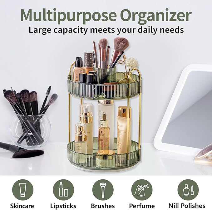 Asayuee 360 Rotating Makeup Organizer,2 Tier Large Capacity Make Up Organizers and Storage,Skincare Perfume Vanity Organizers