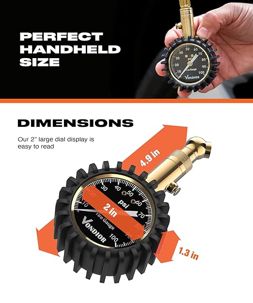 Vondior Tire Pressure Gauge (0-100 PSI) Certified ANSI Accurate with Large 2 Inch Easy to Read Glow Dial, Low - High Air Pressure Gauge. Tire Gauge for Car and Trucks Tires
