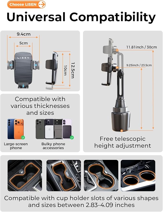 LISEN Upgraded Version Cup Holder Phone Holder 360° Adjustable Long Neck Car Phone Mount Golf Cart Phone Holder, Truck Jeep Accessories for iPhone 17 Air Pro Samsung Google and All 4-7'' Phone
