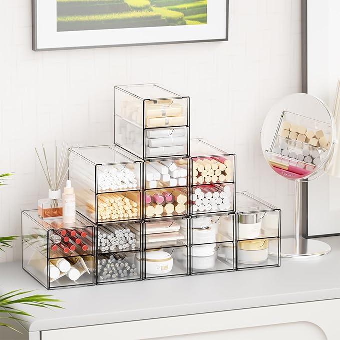 Yieach 9 Pack Small Acrylic Drawers With 18 Drawers,Clear Drawer Organizers Stackable,School,Office Supplies Organizer And St