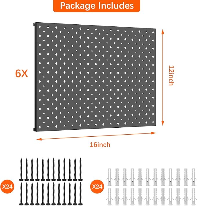 TORACK 6 PCS 12x16 in Metal Boards for Garage, Workbench, Tool Organizer Pegboard with 1/8" & 1/4" Holes, Modular Wall-Mounte