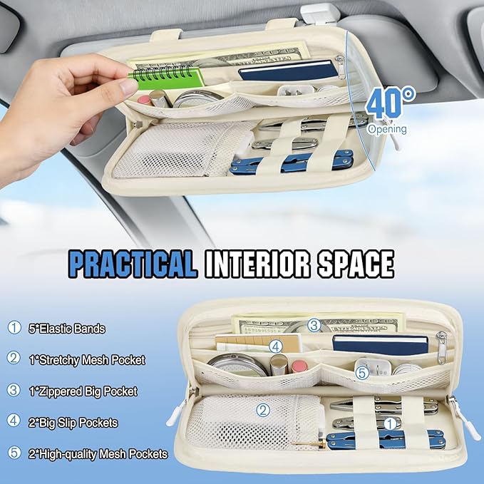 HUANLANG Car Sun Visor Organizer, Tactical Car Accessories with Zipper Storage Pouch, Glasses Clip Card Sleeve Pocket, Multi-Pocket Visor Organizer Fits Most Cars, SUVs, Trucks