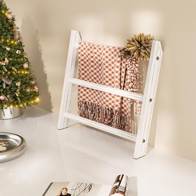 XLHOMO White Blanket Ladder Wall-Mounted, 3 Tier Wooden Rustic Mini Ladder Shelf for Living Room & Bathroom, Holder Display H