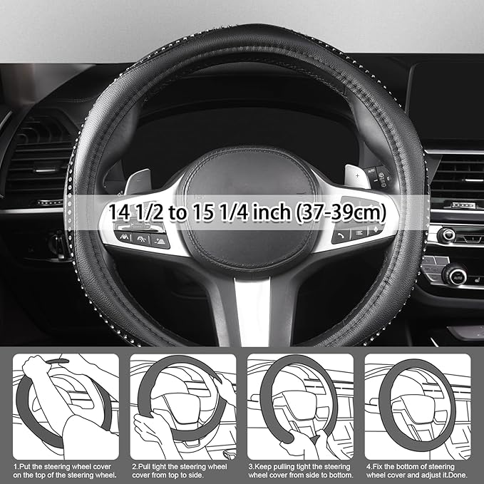 AUTOYOUTH Bling Steering Wheel Cover - Crystal Studded Rhinestone Non-Slip Breathable Design for Women/Girls, Universal Fit 1