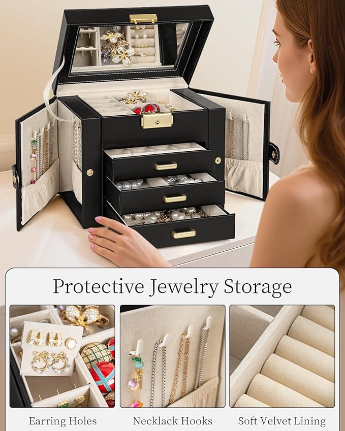 TORIBIO Jewelry Box for Women, Leather Jewelry Organizer with Mirror & Lock, 4-Tier Jewelry Storage Organizer with 3 Drawers 