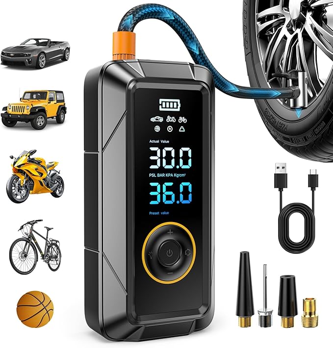 Tire Inflator Portable Air Compressor Portable Air Pump Cordless Bike Pump with Digital Dual Values Display 150 PSI Car Tires Pump with LED Lights Air Pump