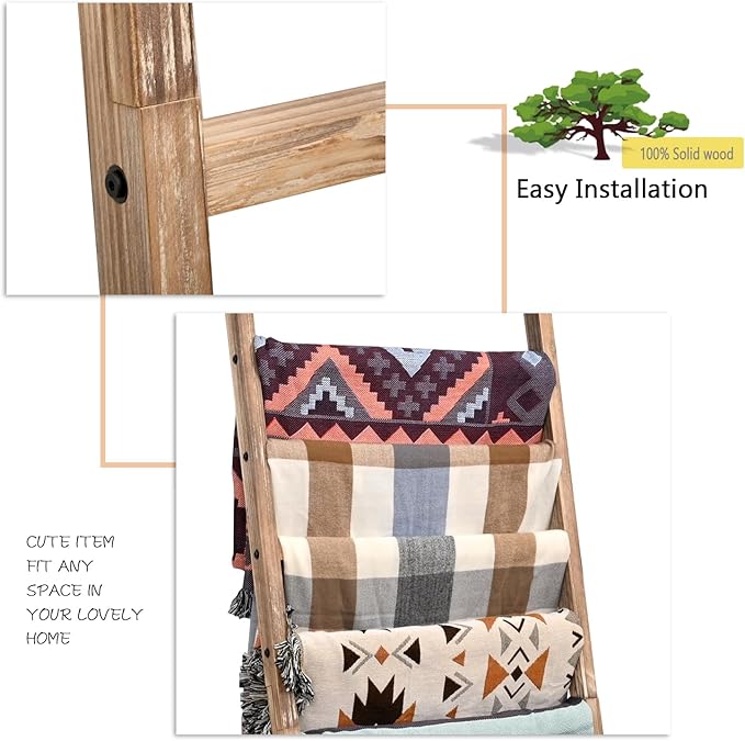 FUIN 6.4ft Extra Wide Wooden Blanket Ladder Living Room Decorative Wal Leaning Farmhouse Quilt Display Holder Rustic Wood Tow