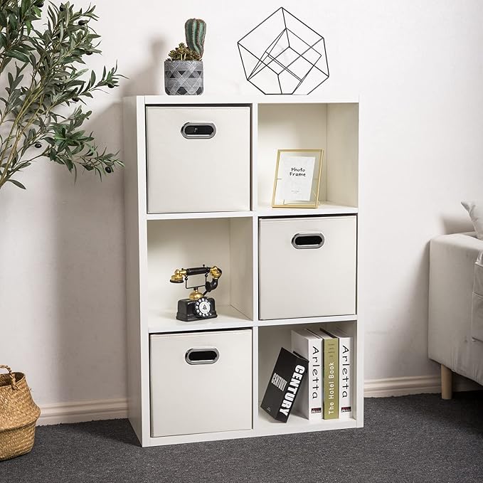 PRANDOM Leather Foldable Cube Storage Bins 13x13 inch [4-Pack] Fabric Storage Baskets Cubes Drawer with Cotton Handles Organi