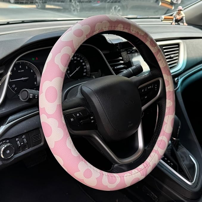 Vintage Groovy Flowers Car Leather Steering Wheel Cover - 15-inch Universal Microfiber- Soft & Breathable & Silicone Anti Sli