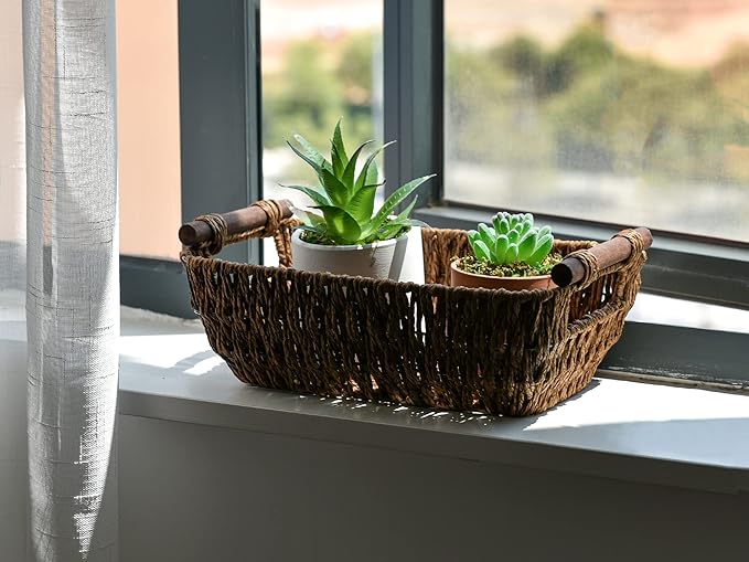 StorageWorks Handwoven Small Wicker Baskets, Round Paper Rope Storage Baskets with Wooden Handles, Dark Brown, 2-Pack