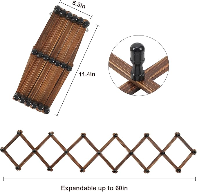 WGFKVAS Expandable Coat Rack, Accordion Wall Hangers, 19 Hooks Wooden Hat Rack Wall Mounted, Hat Hooks for Keys, Coffee Mug, 