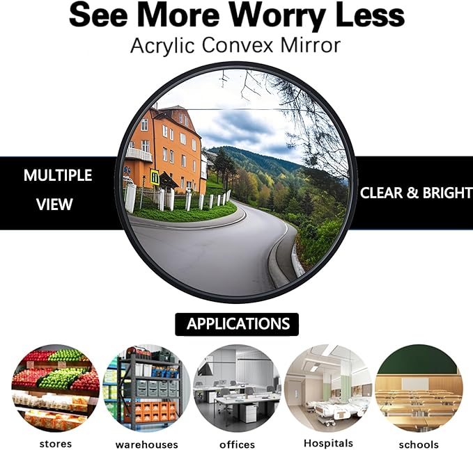 12" Acrylic Convex Mirror – Adjustable Wide Angle View Traffic Mirror for Enhanced Security Coverage in Rooms, Offices, Warehouses, Parking Lots, and Addressing Corner Blind Spot Areas