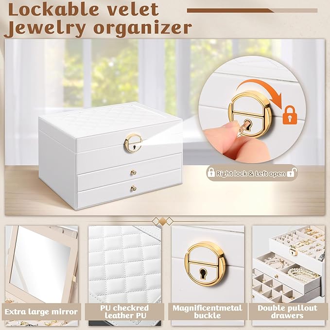 3 Layer Jewelry Boxes for Women with Mirror Large Jewelry Organizer Box with 2 Jewelry Organizer Drawer PU Lockable Elegant U