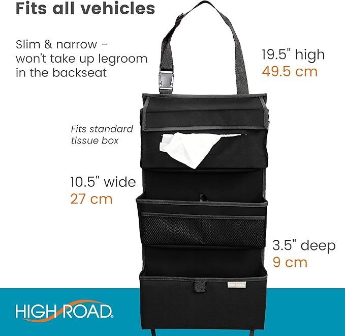 High Road Storage Organizer with Car Tissue Box Holder and Multipurpose Pockets - Back of the Seat or Front Seat Organizer for Driving Essentials - Slim and Compact Car Storage for All Vehicles