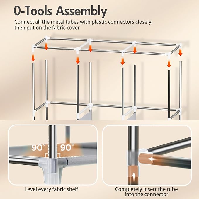 ALSO GO Portable Closet, Storage Organizer Wardrobe with Non-Woven Fabric Cover, with 3 Hanging Rods, 6 Storage Shelves and S