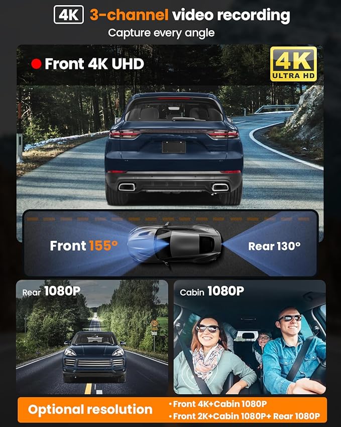 4K 3 Channel Dash Cam, 2160P+1080P+1080P Front and Rear Inside Car Camera with 64GB Card, WiFi Built-in GPS, 3“ IPS Screen, I