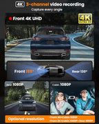 4K 3 Channel Dash Cam, 2160P+1080P+1080P Front and Rear Inside Car Camera with 64GB Card, WiFi Built-in GPS, 3“ IPS Screen, I