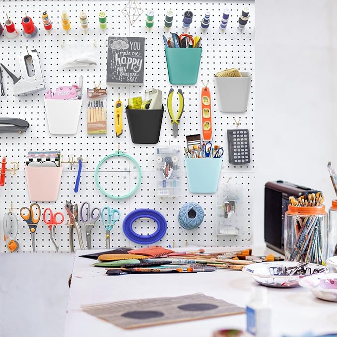 G.CORE Large Pegboard Cups Peg Board Storage Bin 6 Pack with Hooks, Square Box Shape Pegboard Cup Holder Accessories for Gara