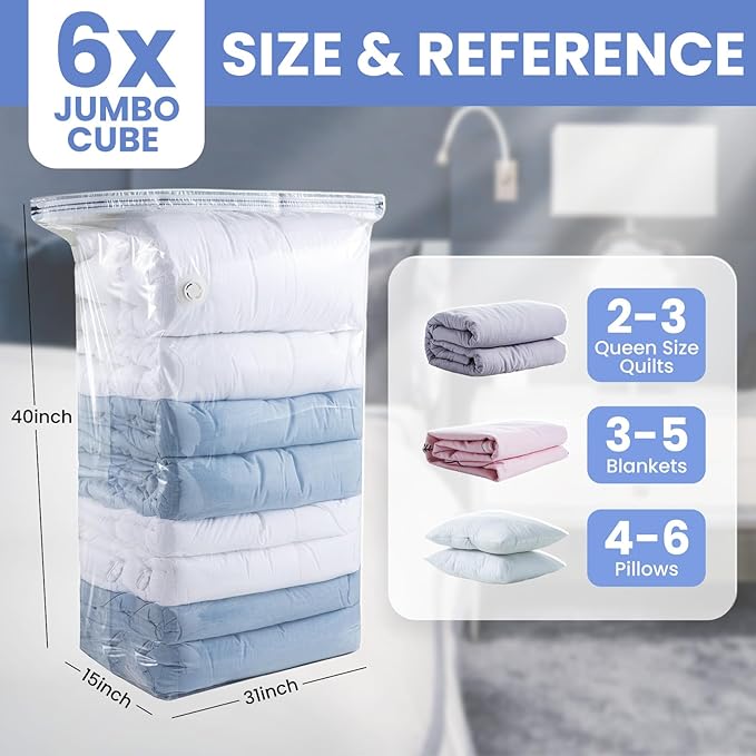 6 Pack Vacuum Storage Bags, Jumbo Cube 31x40x15 Inch, Extra Large Vacuum seal Bgas for Comforters, Blankets, Pillow, Quilts, 