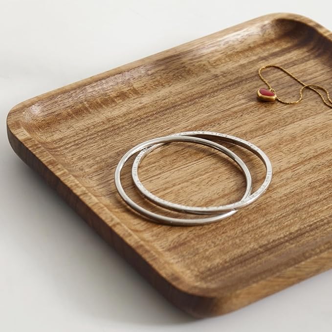 Solid Acacia Wood Key Tray and Bowl for Entryway Table - Jewelry Tray With 3 Hooks, Open Storage for Wallet, Glasses, Watches