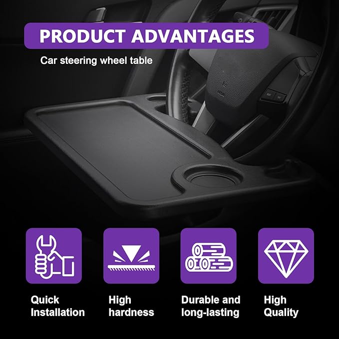 Car Steering Wheel Desk Tray for Laptop and Eating 2 in 1 Multipurpose Travel Accessory with Drink and Pen Holder Compatible with Most Vehicles