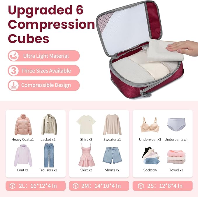 Compression Packing Cubes for Travel, Lightweight Vacation Travel Essentials, Travel Accessories for Suitcase Organizer Bags 