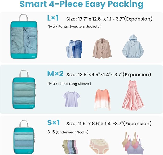 Cambond See Through Mesh Compression Packing Cubes - 4 Piece Expandable Space Saving Packing Cubes for Travel, Lightweight Tr