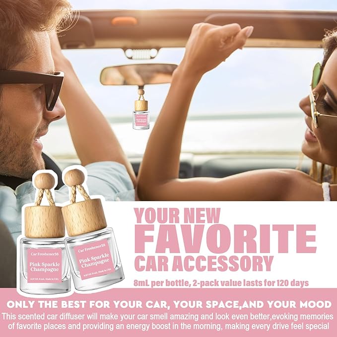 HoogaLife Car Air Freshener Diffuser 2 Pack Hanging Air Freshener Diffuser - Pink Sparkle Champagne Fragrance Oil Air Diffuse