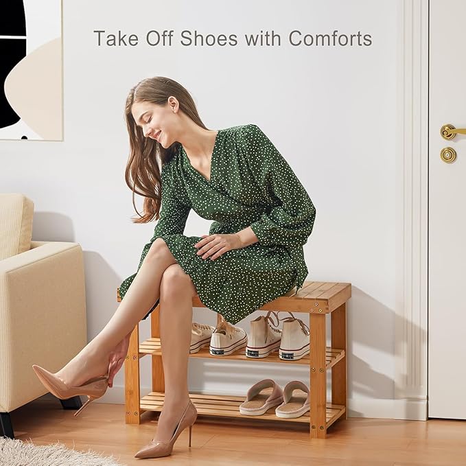 Pipishell 3 Tier Bamboo Shoe Rack Bench - Sturdy Shoe Organizer Holds up to 300lbs for Entryway, Bedroom, Living Room, Balcon