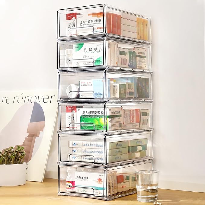 Clear Drawer-Type Plastic Storage Box Bins Organizer, Family First Aid Kits Medicine Cabinet Box Organizer, Closet Shelf