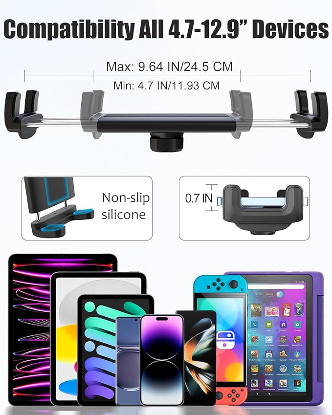 Tesla Back Seat Tablet Mount for Model 3/Y, [Anti-Drop] Tesla Headrest iPad Holder with 360° Adjustable Road Trip Essentials for Kids Fits All 4.7-12.9'' Devices