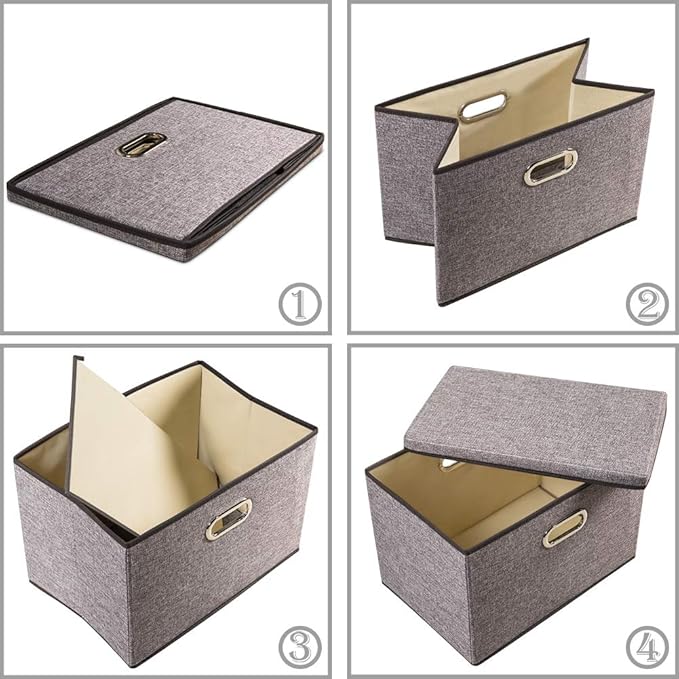 PRANDOM Large Collapsible Storage Bins with Lids [3-Pack] Linen/Cotton Blend Foldable Storage Boxes Organizer Containers Bask