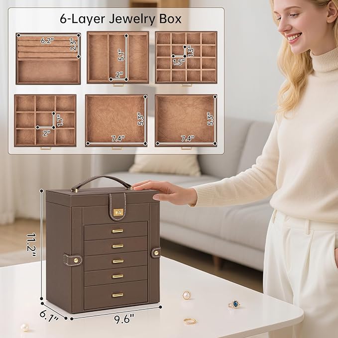 AKOZLIN 6-Tier Jewelry Box Organizer Functional 5 Drawers Leather Jewelry Storage Case for Women Girls Ring Necklace Earring 
