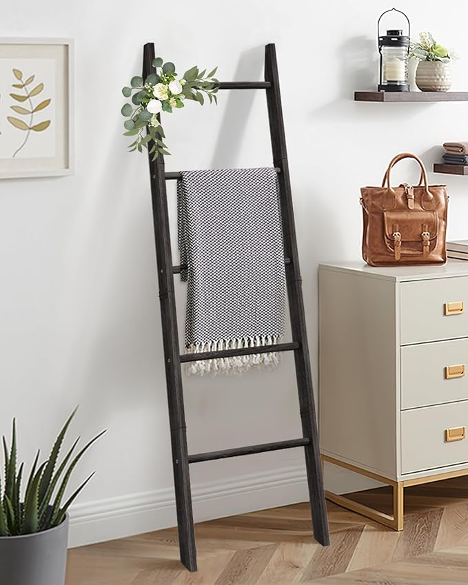 XLHOMO Blanket Ladder for Living Room, 5-Tier Wooden Ladder Shelf, Rustic Decorative Blanket Rack for Blankets, Quilts, Farmh