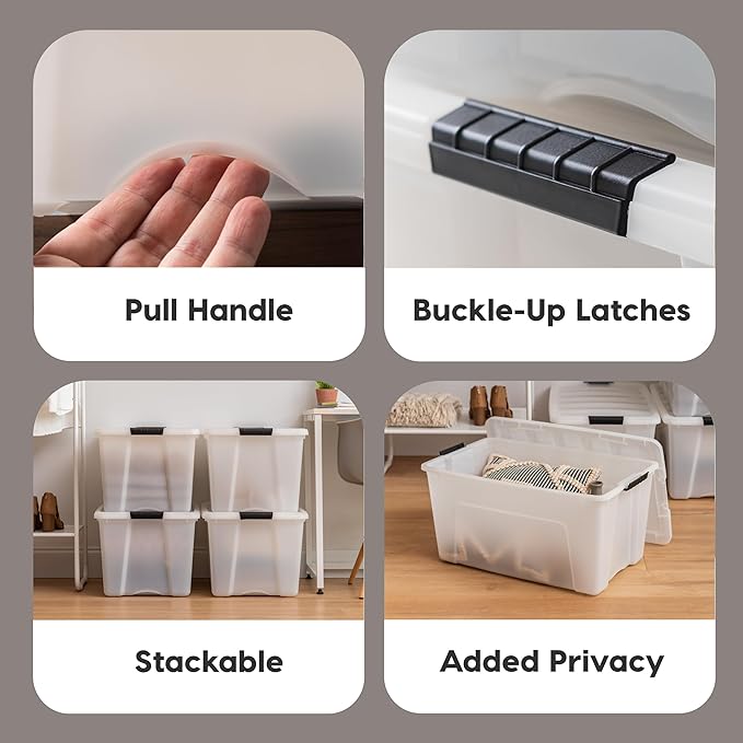 IRIS USA 54 QT Plastic Storage Box with Lid and Latches - 4 Pack - BPA-Free, Discreet Organizing Solution, Durable Nestable S