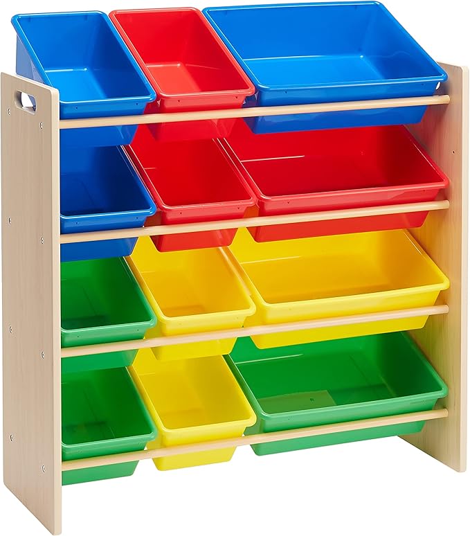 Amazon Basics Kids Toy Storage Organizer With 12 Plastic Bins, Natural Wood, Multicolor, for Bedroom and Playroom, 33.6" W x 
