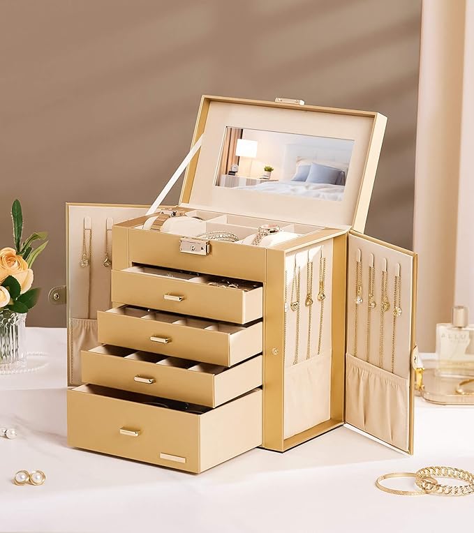 Homde Synthetic Leather Huge Jewelry Box Mirrored Watch Organizer Necklace Ring Earring Storage Lockable Gift Case (Gold)