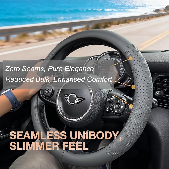 PINCTROT Large Size Nappa Leather Steering Wheel Cover, Slim Fit No Bulk Design, One Piece Leather with Breathable Perforatio