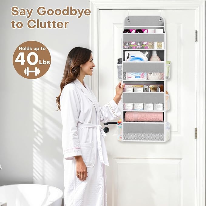 SpaceWhisper Over the Door Organizer, 4 Large Pocket Hanging Storage Organizer with 40lb Capacity, Space Saving for Nursery, 
