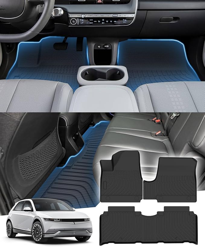 Sunsdrew Floor Mats for 2022-2024 Hyundai Ioniq 5 (Unmovable Console Only, Not for 2025), All Weather Floor Liners 1st & 2nd Row Car Mats Ioniq 5 Accessories TPE Rubber Raised Edge