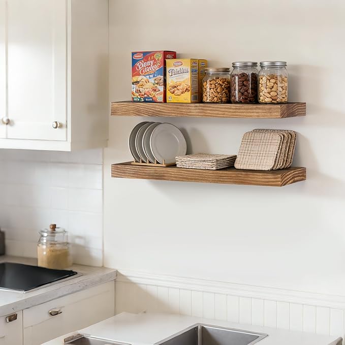 Floating Wall Shelves 24x6.8x1.7 Inch – Solid Wood Rustic Shelves in Dark Oak Finish – Wall Mounted Display Shelf for Bathroo