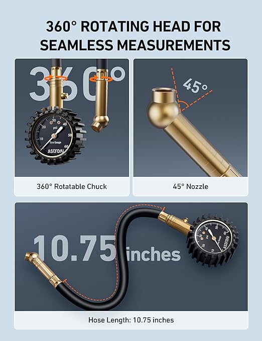 AstroAI Tire Pressure Gauge for Cars with Large 2" Dial, Solid Brass with Rubber Hose, Air Bleeder Valve, ANSI B40.1, 0-60PSI