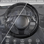 CAR PASS Leather Rubber Steering Wheel Covers Set,Heavy Duty Steering Wheel Covers&Mobile Phone Holder, Tire Tread Pattern Design,Non-Slip Wear-Resistant,Suitable for Steering Wheel 14 1/2”-15”Black