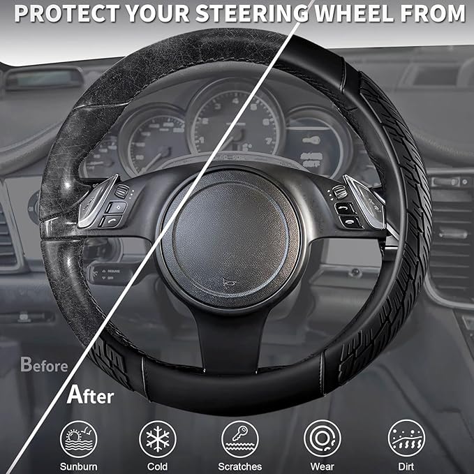 CAR PASS Leather Rubber Steering Wheel Covers Set,Heavy Duty Steering Wheel Covers&Mobile Phone Holder, Tire Tread Pattern Design,Non-Slip Wear-Resistant,Suitable for Steering Wheel 14 1/2”-15”Black