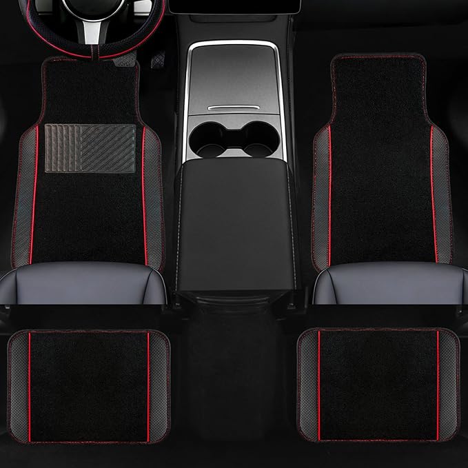 NBTEPEM Waterproof Universal Fit Car Floor Mats, Faux Leather Sporty Car Carpet Mats with Anti-Slip Nibbs Backing & Driver Heel Pad Fit for SUV, Vans, Sedans, Trucks, Set of 4 (Black with Red line)