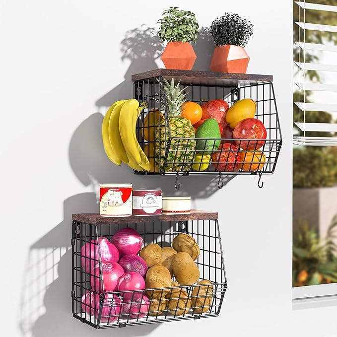 Wawocs Fruit Basket for Kitchen Counter 2 Tier Fruit Bowl, Stackable Wall Mounted Hanging Fruit Basket Wire Baskets with Wood
